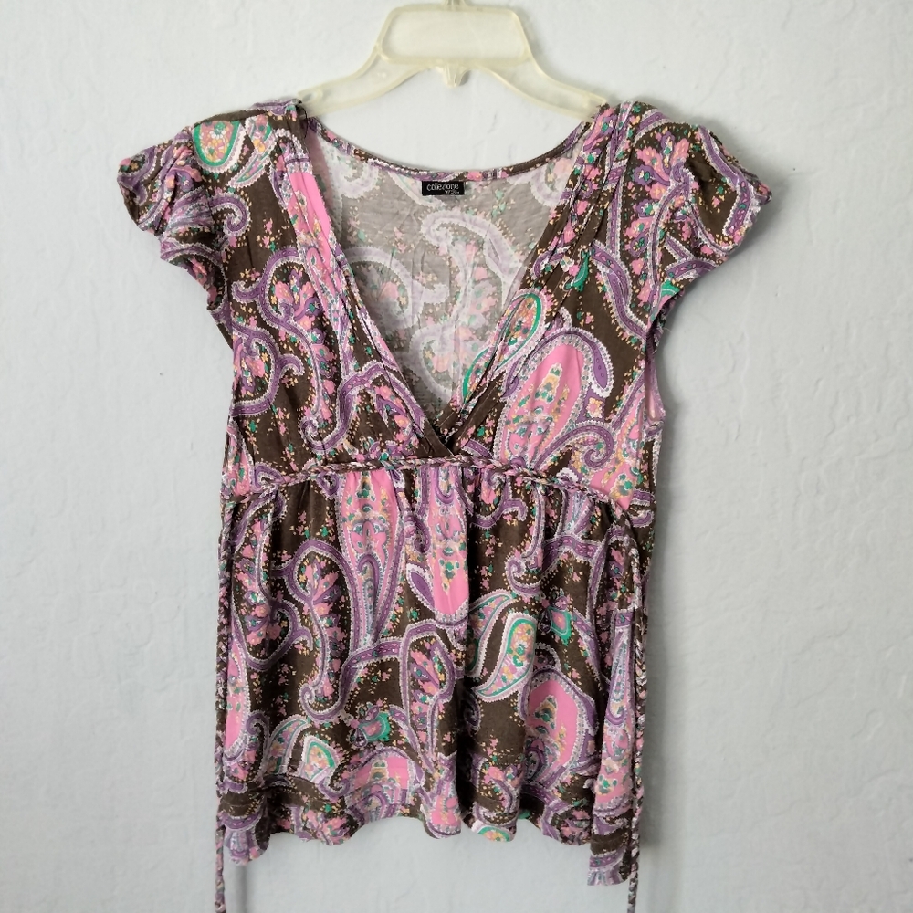 Collezione Pink & Brown Paisley Deep V-Neck Flutter Sleeve Top Waist Tie Sz UK M